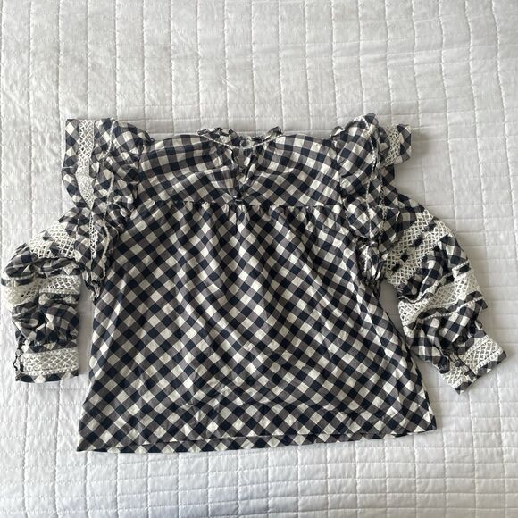 MARIE OLIVER Silk Blend Que Indigo Gingham Plaid Long Sleeve Ruffle Top L - Picture 3 of 15